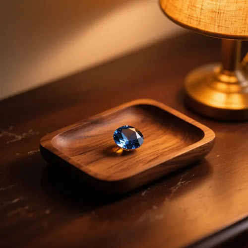 Comparison of raw and polished sapphires under different light sources showing color changes