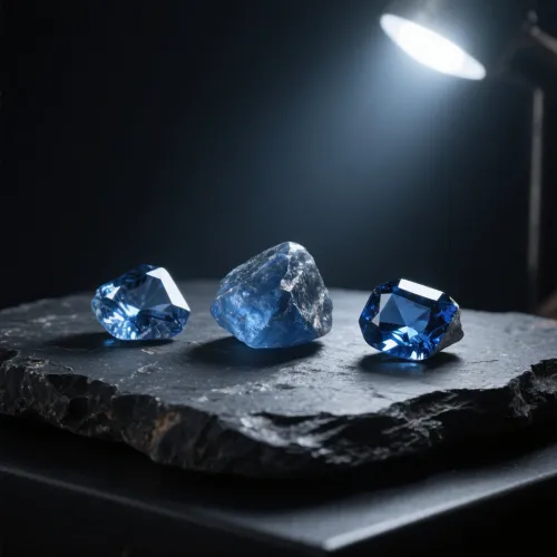 Comparison of sapphires under different lighting showing color variations